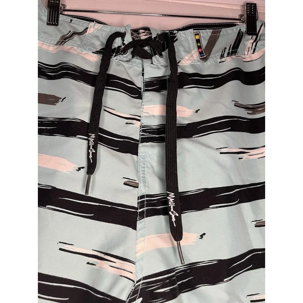 Maui and Sons Board Shorts Striped Light Blue Black Men's Pockets
